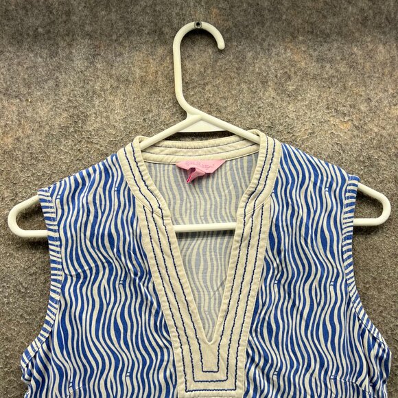 Lilly Pulitzer Tank Women Medium Blue White Stripe Embroidered Shirt Top Zebra - Picture 6 of 9